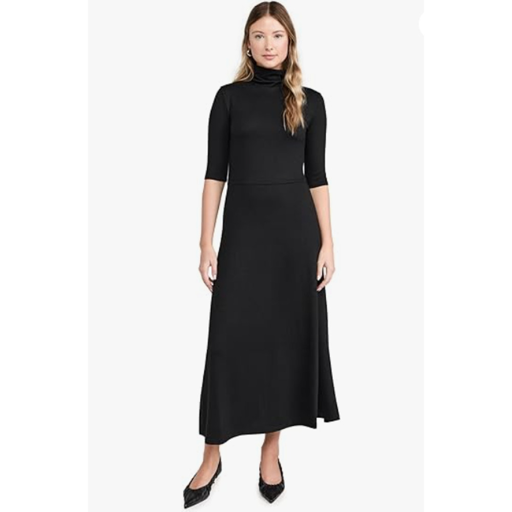 Vince Black Midi Dress Turtle Neck Elbow Sleeve A-Line Stretch S/P Minimalist